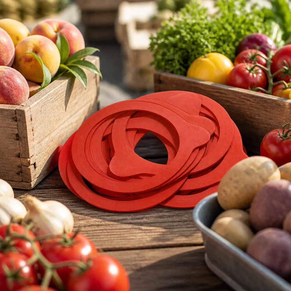 Einkochring Naturgummi RR80 Einkochring RR80 Naturgummi rot auf rustikalem Holztisch mit frischem Obst Gemüse Marktstand Atmosphäre Einkochen