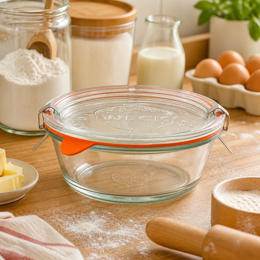 300ml Gourmetglas komplett WECK RR120 WECK Gourmetglas 300ml RR120 in Backküche mit Backzutaten, Mehl, Eiern und Milch, vielseitiges Küchenglas