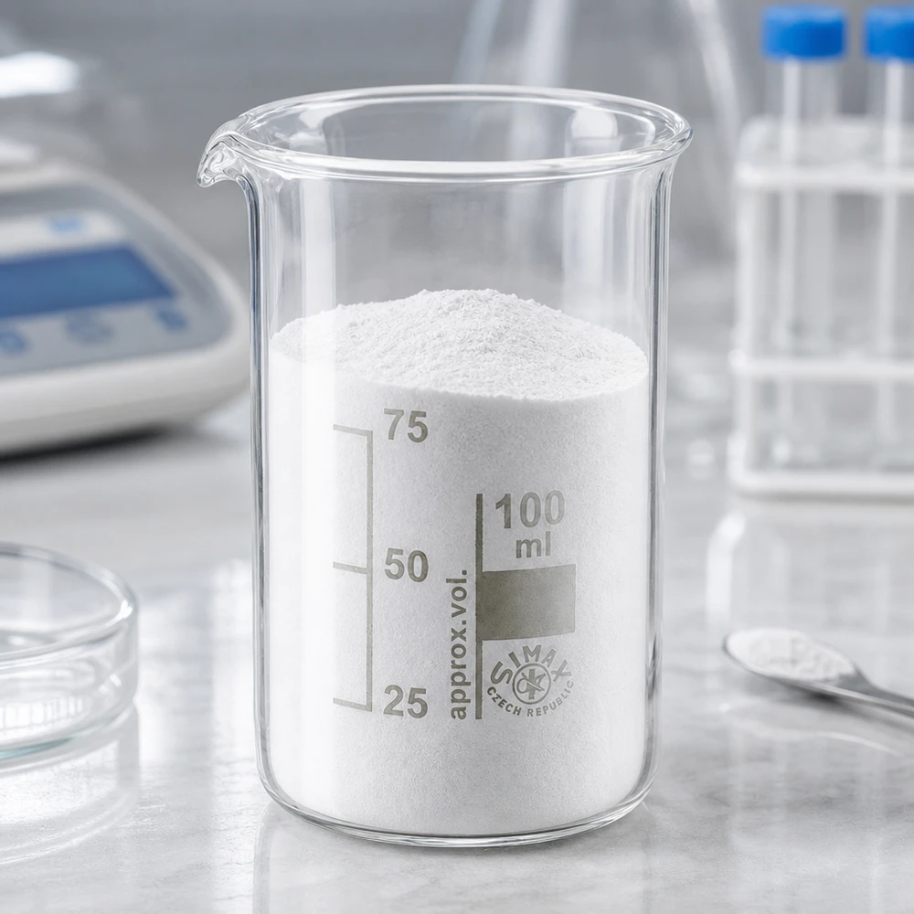 Becherglas 100ml Borosilikatglas, hohe Form Becherglas hohe Form 100ml mit weißem Pulver neben Analysenwaage und Reagenzgläsern