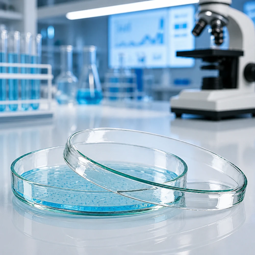 Borosilikatglas Petrischale 100x15mm mit aquamarinem Kulturmedium Laborumgebung