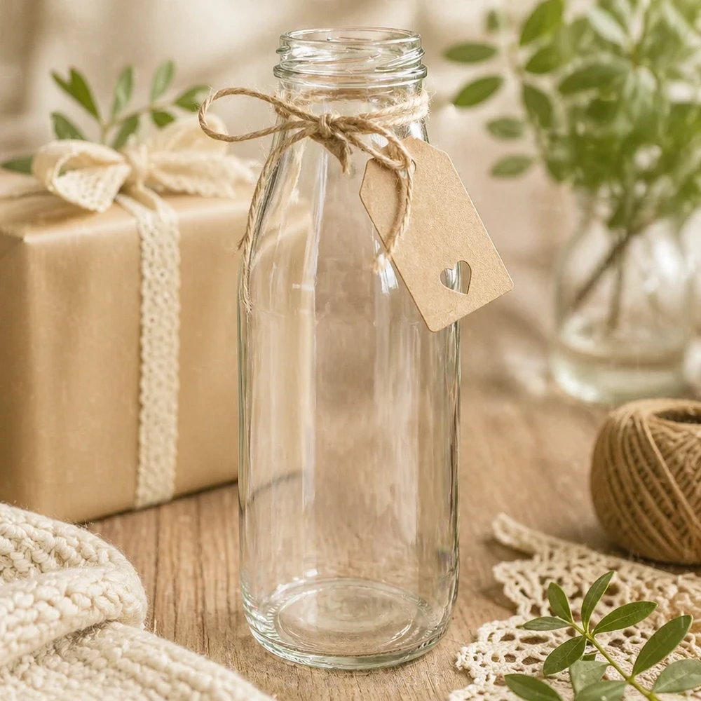 500ml Glasflasche ohne Deckel (TO48) UNiTWIST 500ml Glasflasche TO48 UNiTWIST leer mit Kraftpapier-Anhänger und Juteschnur als Geschenkverpackung dekoriert