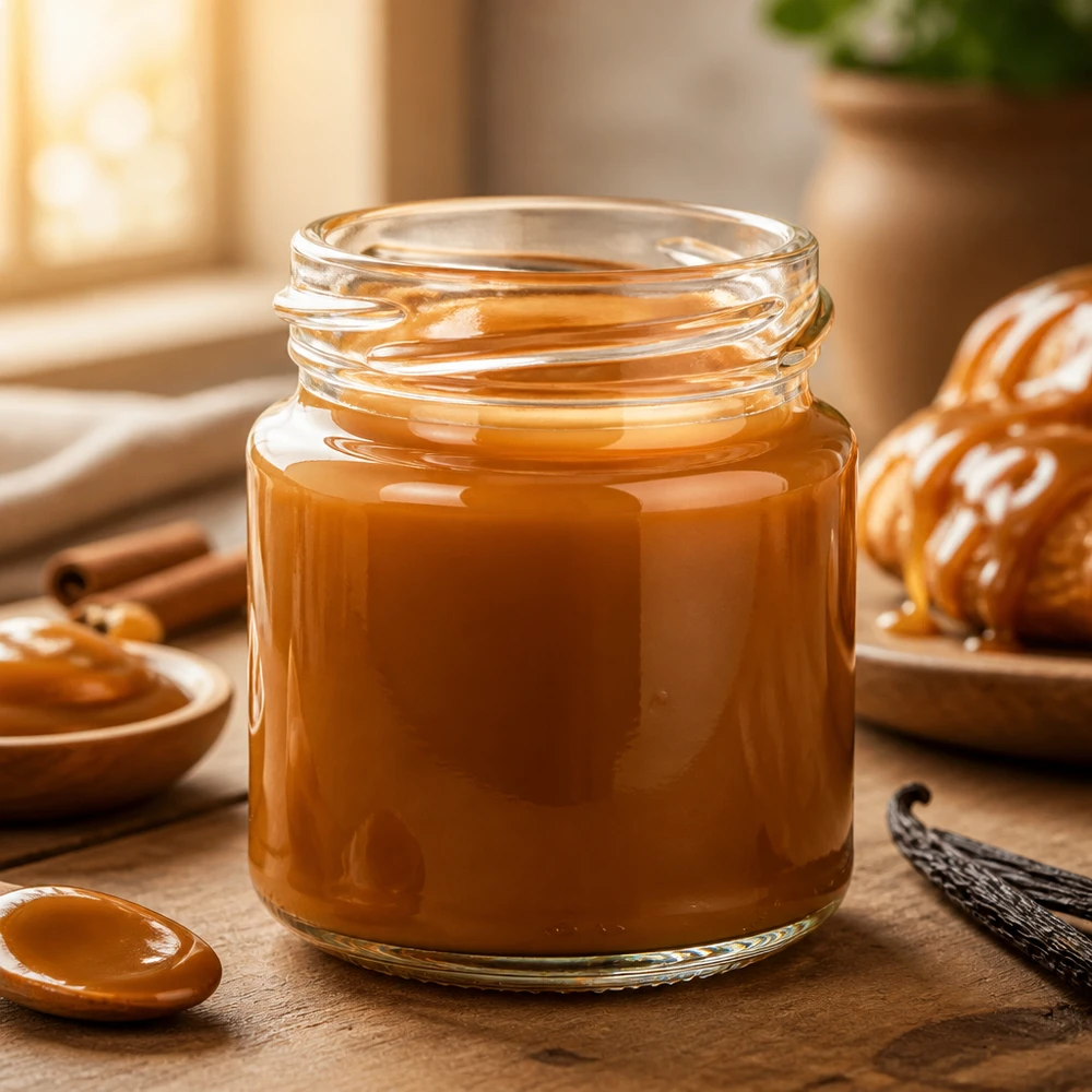 Runda53 53ml Glas TO43 mit warmem Karamell befüllt neben einem Croissant als süße Begleitung