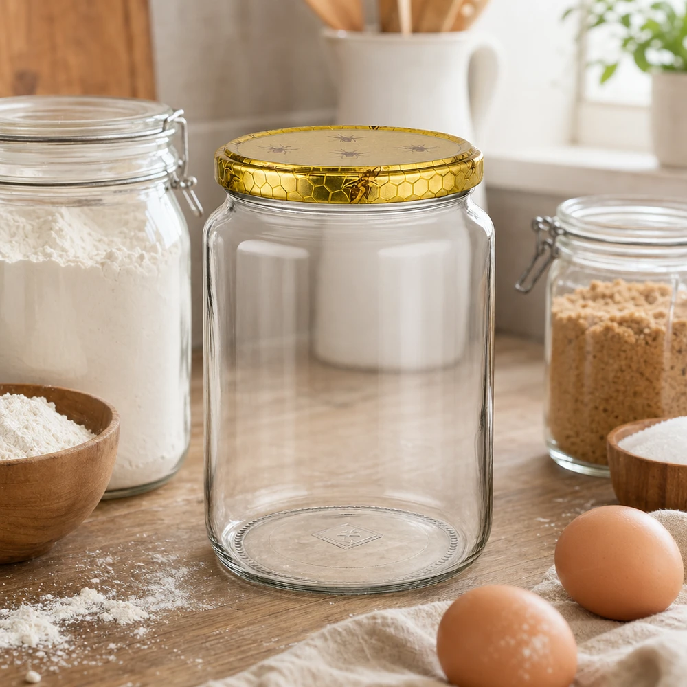 1000g Honigglas mit Bienenwabe Deckel BasicSeal UNiTWIST 1000g Honigglas mit Bienenwaben-Deckel neben Mehl Eiern und Backzutaten auf Holzarbeitsplatte Küchenszenerie Imkerei