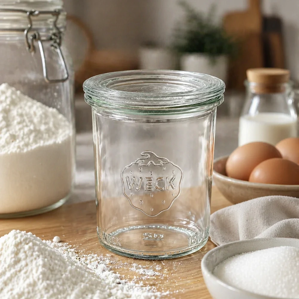 160ml Sturzglas mit Glasdeckel WECK RR60 WECK Sturzglas 160ml RR60 leer in rustikaler Küche mit Mehl, Eiern und Milch für Einmachen und Vorratshaltung