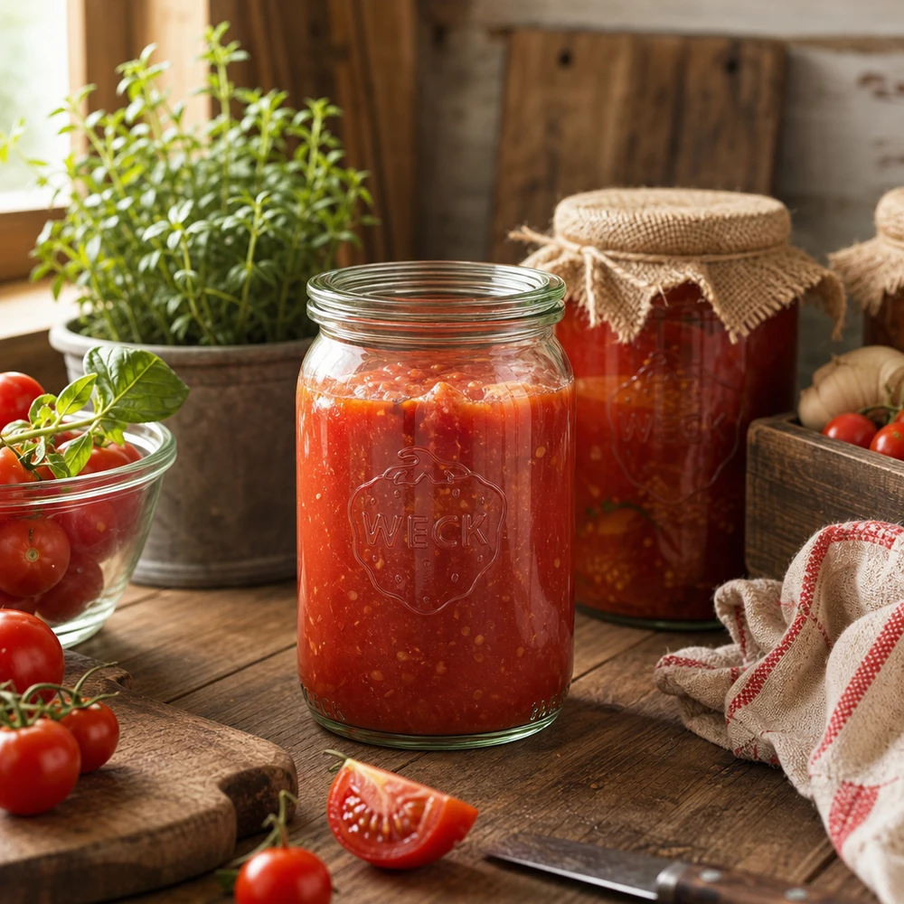 145ml Zylinderglas mit Glasdeckel WECK RR40 WECK Einmachglas 145ml gefüllt mit Tomatensoße in rustikaler Küche mit frischen Tomaten und Kräutern