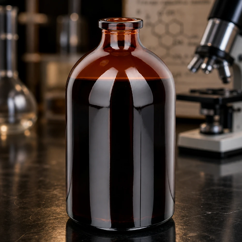 Injektionsflasche Braunglas 100ml Hochwertige Braunglas Injektionsflasche 100ml mit glänzender Oberfläche auf schwarzer Laborplatte