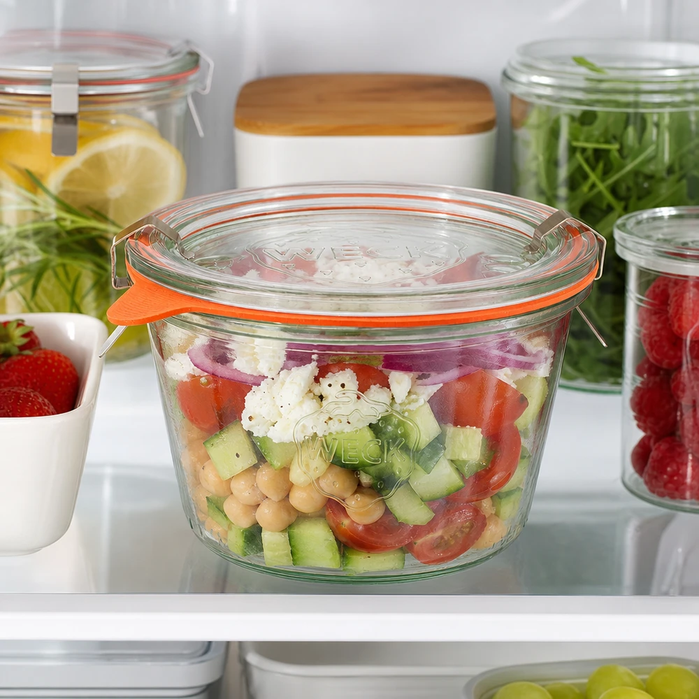 WECK Sturzglas 370ml RR100 im Kühlschrank mit frischem Salat gefüllt zeigt ideale Aufbewahrung von Meal Prep
