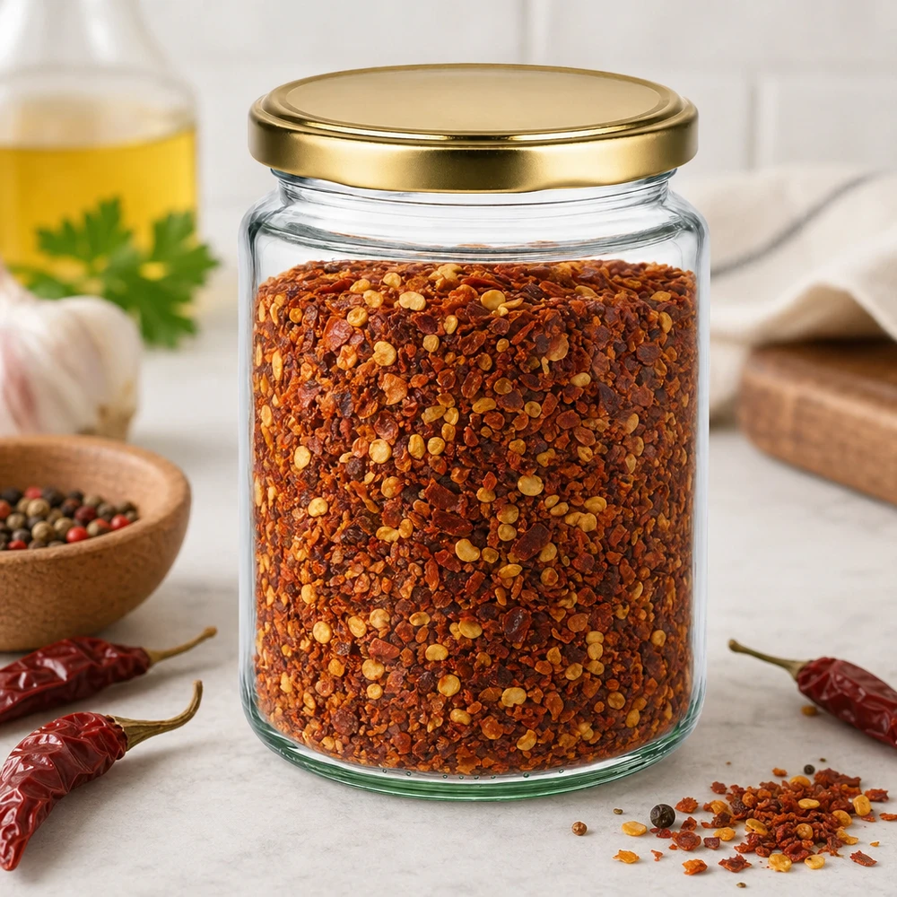 450g Honigglas mit goldenem Deckel BasicSeal UNiTWIST 450g Honigglas gefüllt mit Chilliflocken zeigt vielseitige Verwendung BasicSeal Glas für Gewürze und Küchenaufbewahrung