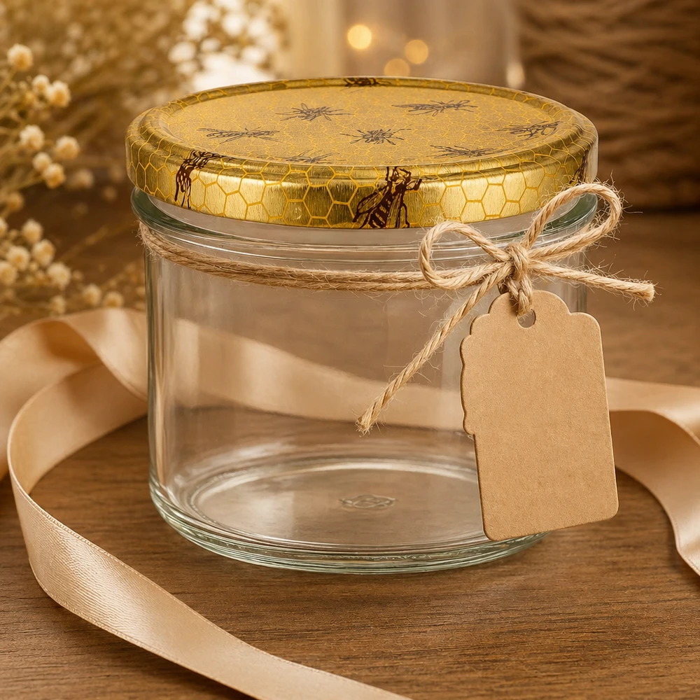 250g Honigglas mit Bienenwabe Deckel BasicSeal UNiTWIST 250g Honigglas leer mit Bienenwaben-Deckel Geschenkanhänger Juteschnur und Schleifenband Dekoration