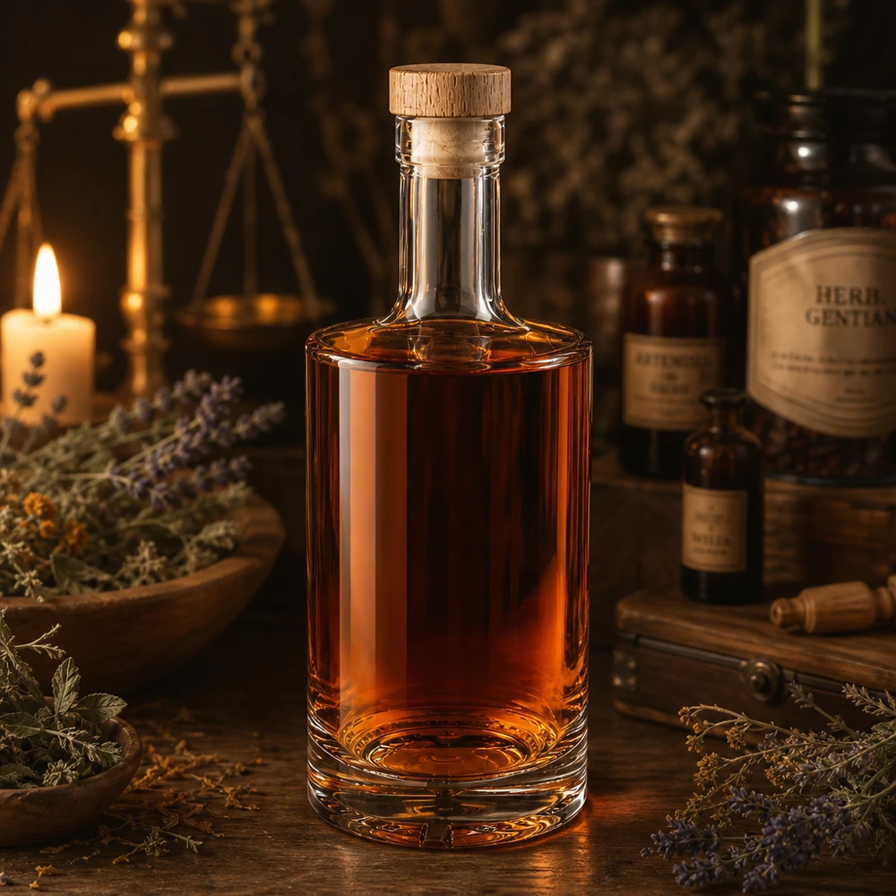 500ml Glasflasche "Passion" mit Holzgriffkorken UNiTWIST® 500ml Glasflasche Nora mit Kräuterlikör bernsteinfarben Holzkorken UNiTWIST Apotheker-Ambiente Lavendel Kerze