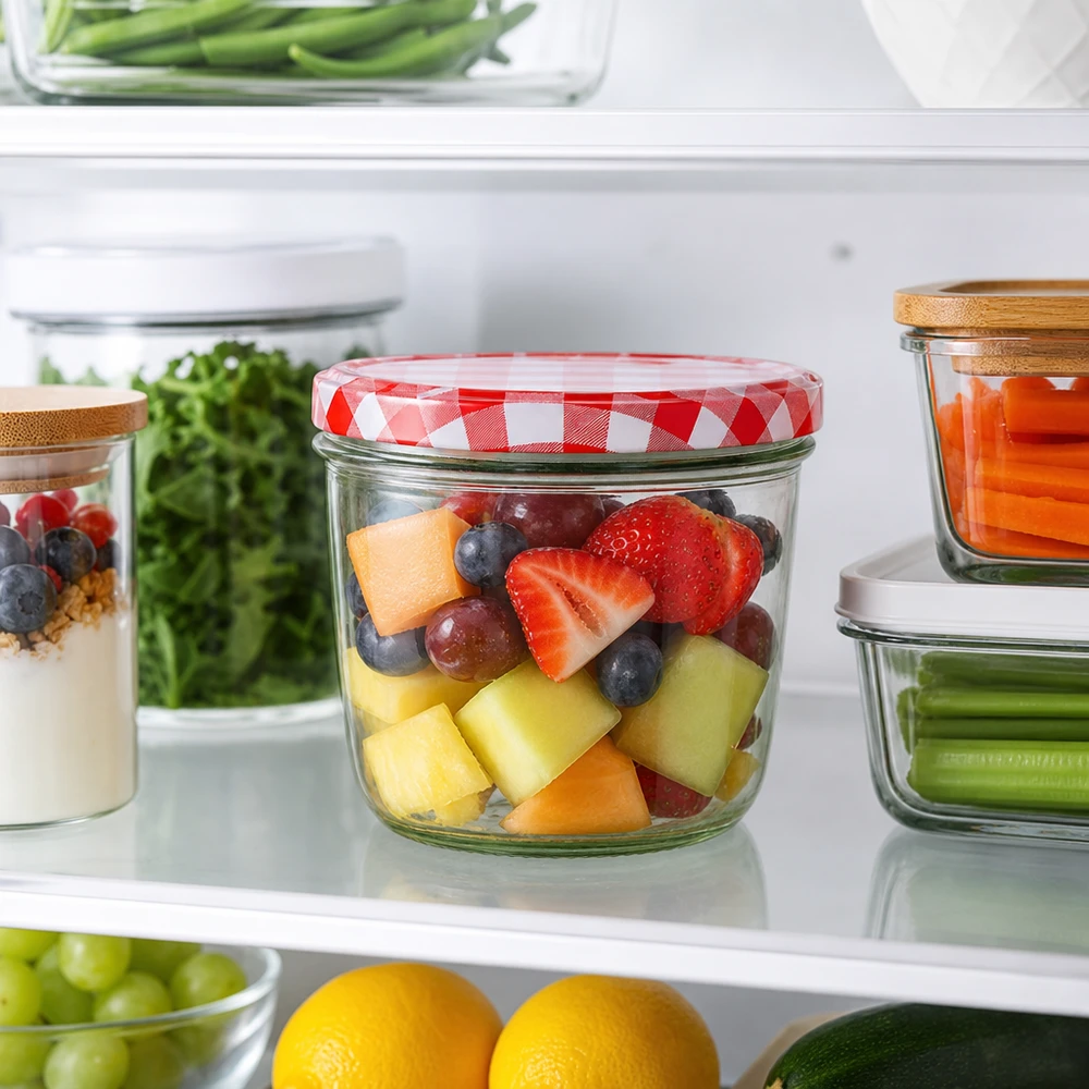 230ml Sturzglas + BasicSeal Deckel rot/weiß UNiTWIST 230ml Sturzglas mit BasicSeal Deckel rot-weiß kariert als Obstsalat-Behälter im Kühlschrank zur Meal Prep