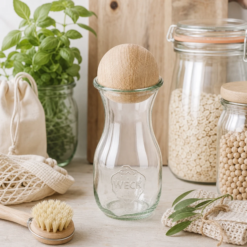 WECK Saftflasche 290ml RR60 mit Holzkugel in nachhaltiger Zero-Waste Küche zwischen Vorratsgläsern und Naturmaterialien