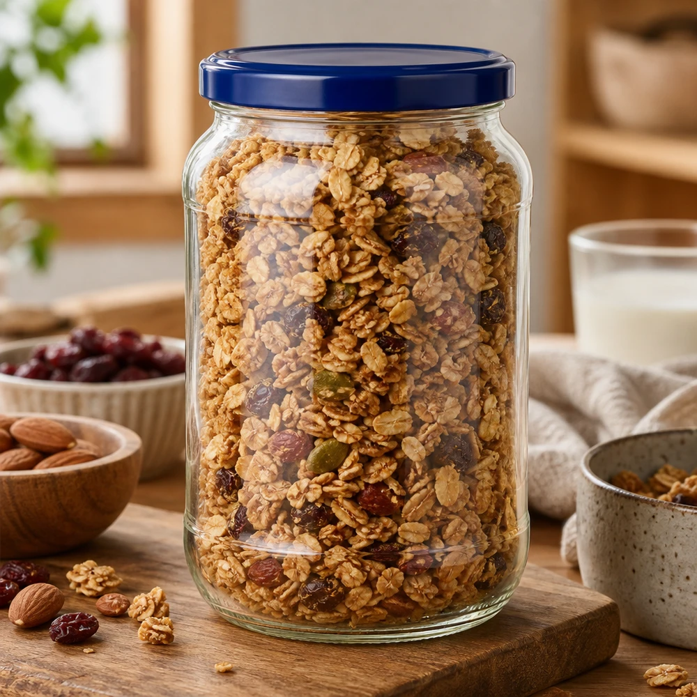 1062ml Rundglas + BasicSeal Deckel blau UNiTWIST 1062ml Rundglas UNiTWIST blauer Deckel mit Müsli Nüssen Trockenfrüchten Vorratsglas Küche Holzbrett