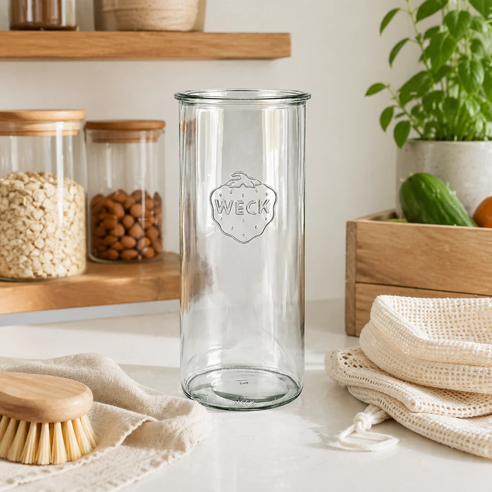 1500ml Sturzglas WECK RR100 1500ml WECK Sturzglas RR100 Einmachglas aus Glas in moderner Küche mit Holzregalen und nachhaltigen Produkten