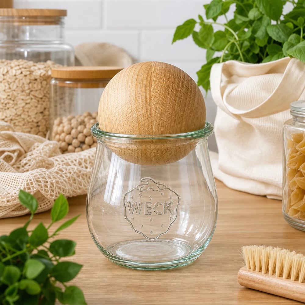 220ml Tulpenglas WECK RR60 mit Holzkugel Buche WECK Tulpenglas RR60 220ml mit Buchenholzkugel in nachhaltiger Zero-Waste Küche neben Naturfasern und Kräutern
