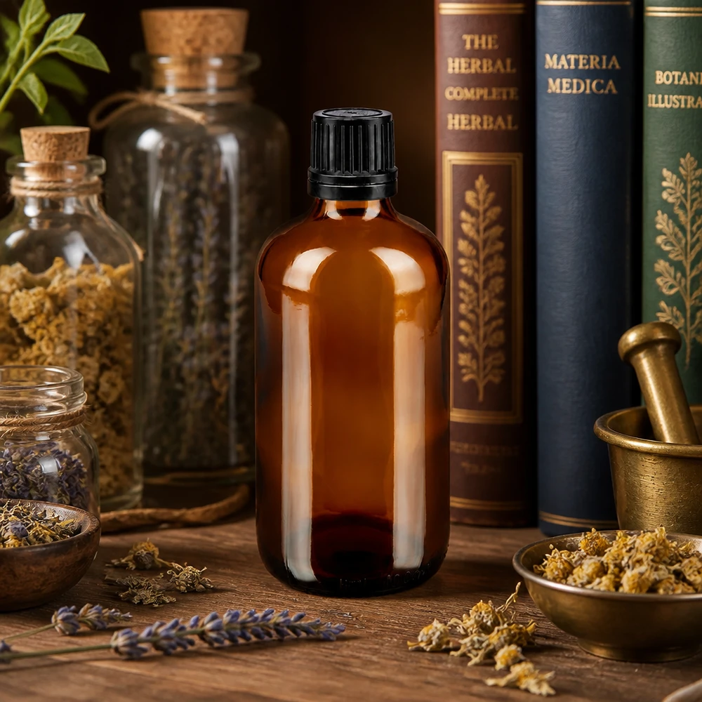 Apothekenflasche braun 100ml Tropfverschluss Premium 1mm schwarz Originalitätsverschluss Lichtschützende 100ml Braunglasflasche mit Tropfeinsatz für ätherische Öle und Tinkturen