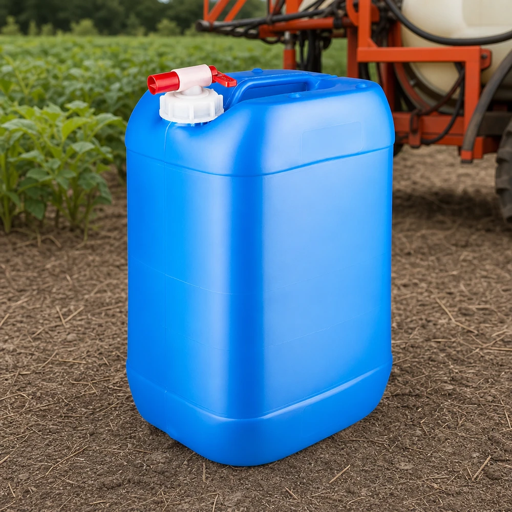 Kanister 25 Liter blau mit Auslaufhahn Lebensmittelechter 25 Liter Kanister blau mit weißem Schraubverschluss und Zapfhahn im Freien