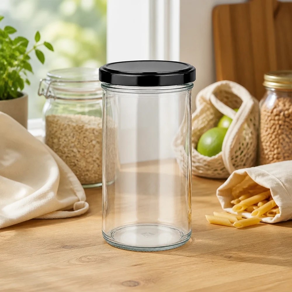 277ml Sturzglas mit BasicSeal Deckel schwarz UNiTWIST 277ml Sturzglas mit schwarzem Deckel umgeben von nachhaltigen Vorratsbehältern und Zero-Waste-Produkten auf Küchenarbeit