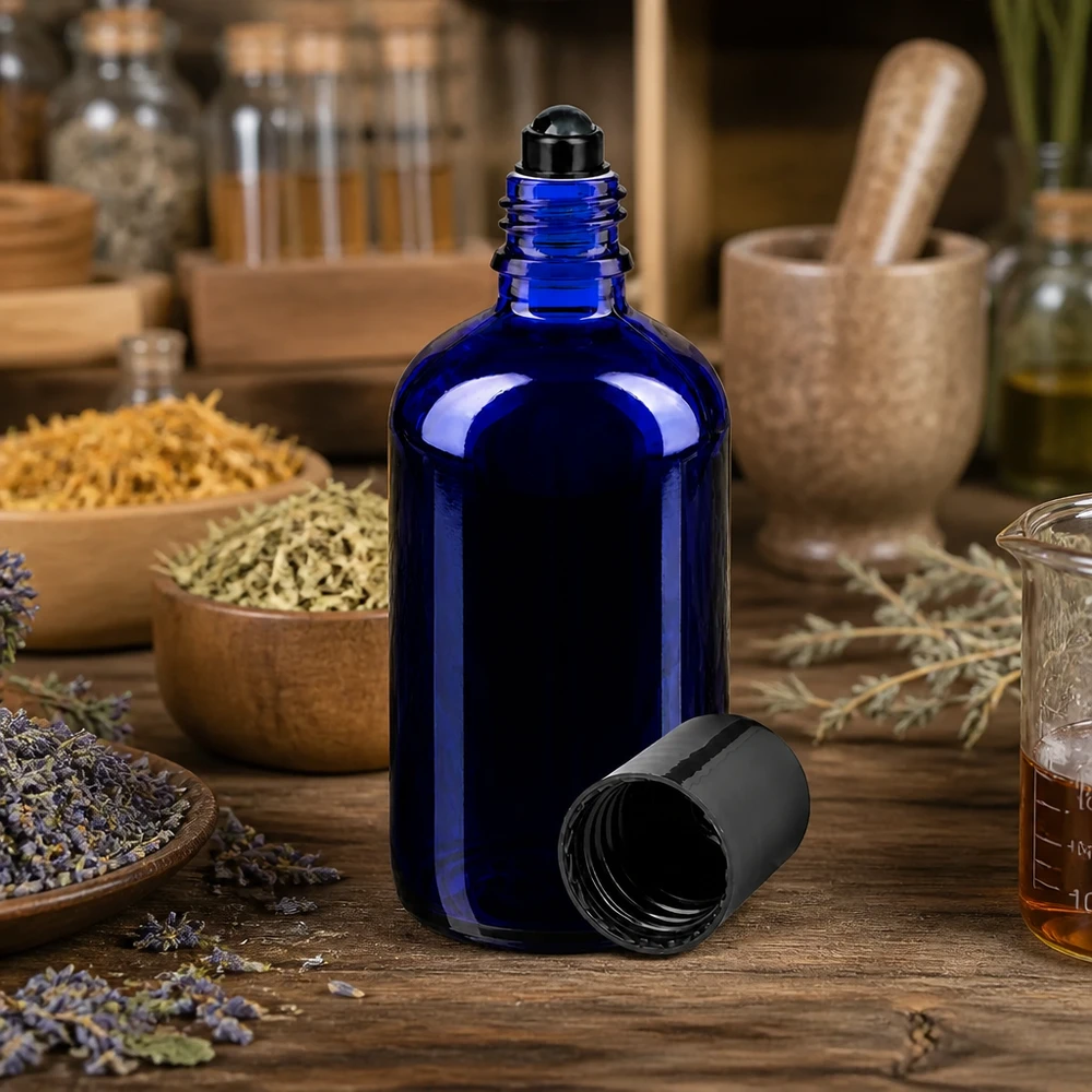 100ml blaue Apothekerflasche Roll-On vor Holzregalen mit Kräutern und Naturheilkunde Zubehör