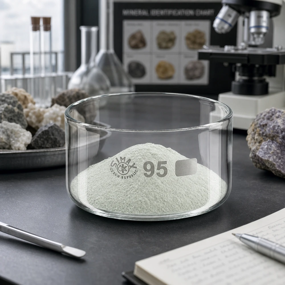 300ml Kristallisierschale ohne Ausguss Borosilikat ø95mm Niedrige zylindrische Glasschale 95mm mit weißem Analysepulver auf schwarzer Laboroberfläche