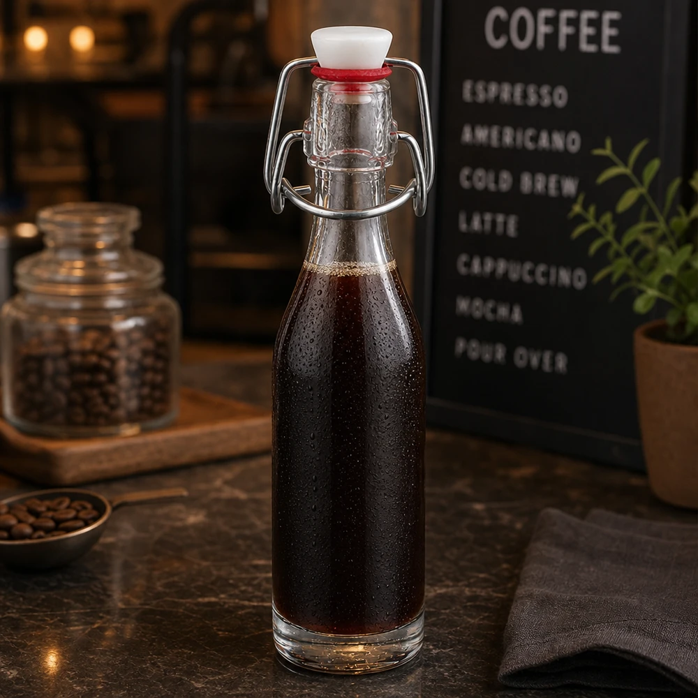 50ml Glasflasche und Bügelverschluss PVC UNiTWIST 50ml Glasflasche mit Bügelverschluss gefüllt mit Cold Brew Kaffee in stilvoller Café-Atmosphäre mit Kaffeebohnen