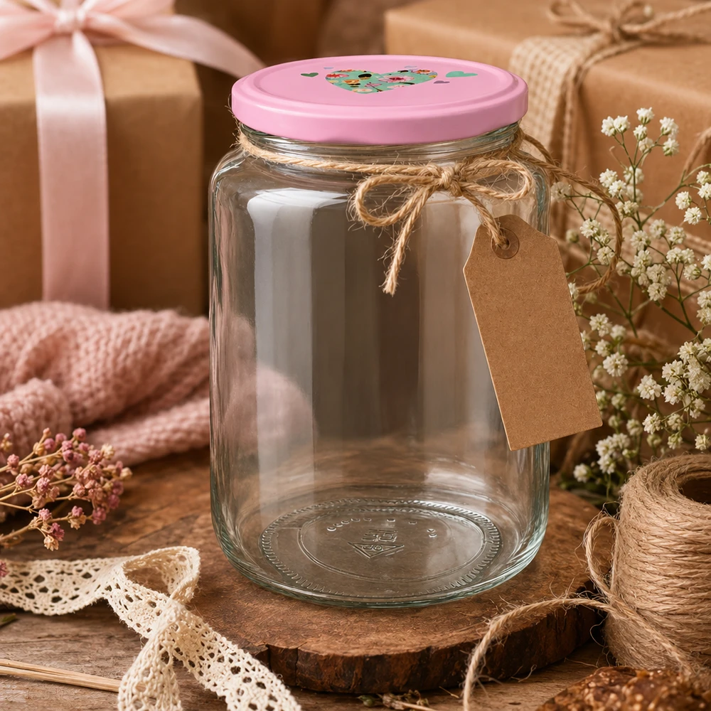 795ml Rundglas + BasicSeal Deckel Herz rosa UNiTWIST Dekoratives Rundglas 795ml mit rosa Herzdeckel als Geschenkidee rustikale Präsentation mit Anhänger und Juteschnur