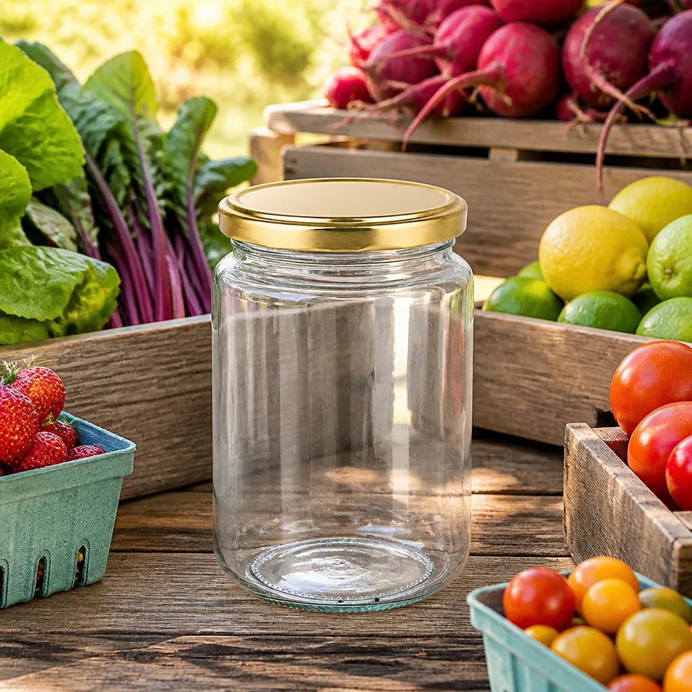 382ml Rundglas mit goldenem BasicSeal Deckel UNiTWIST auf Holztisch umgeben von frischem Obst und Gemüse