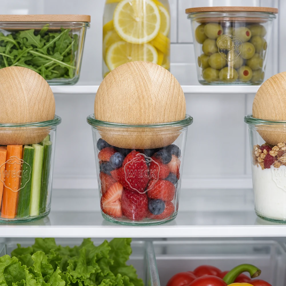 290ml Sturzglas hoch WECK RR80 mit Holzkugel Buche WECK Gläser 290ml RR80 mit Buchenkugeln im Kühlschrank zur Lebensmittel-Aufbewahrung von Beeren und Gemüse