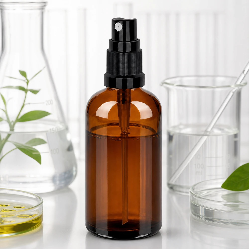 100ml Sprayflasche schwarz Standardverschluss BrownLine UT18/100 Premium 100ml Glassprühflasche in Bernsteinfarbe mit ergonomischem schwarzem Zerstäuber