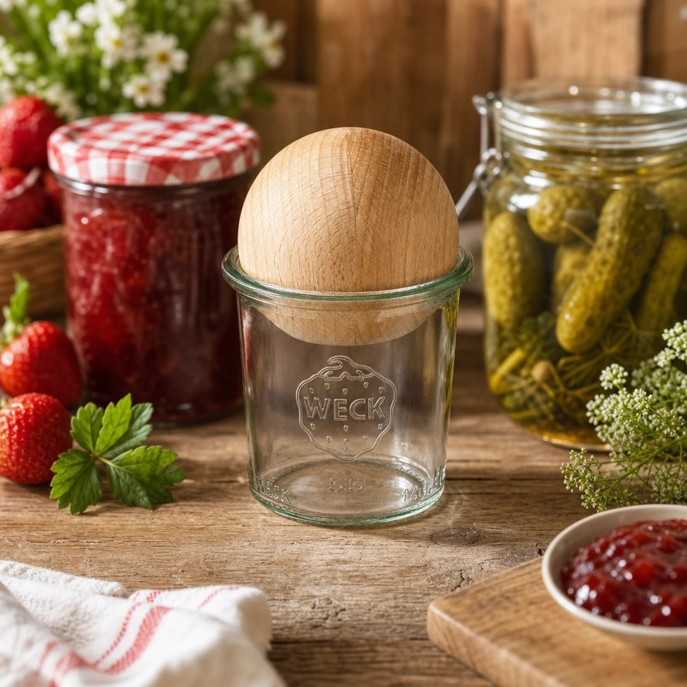 140ml Sturzglas WECK RR60 mit Holzkugel Buche WECK Glas 140ml RR60 in rustikaler Küche mit Marmelade und eingelegten Gurken, Holzdeckel aus Buche sichtbar