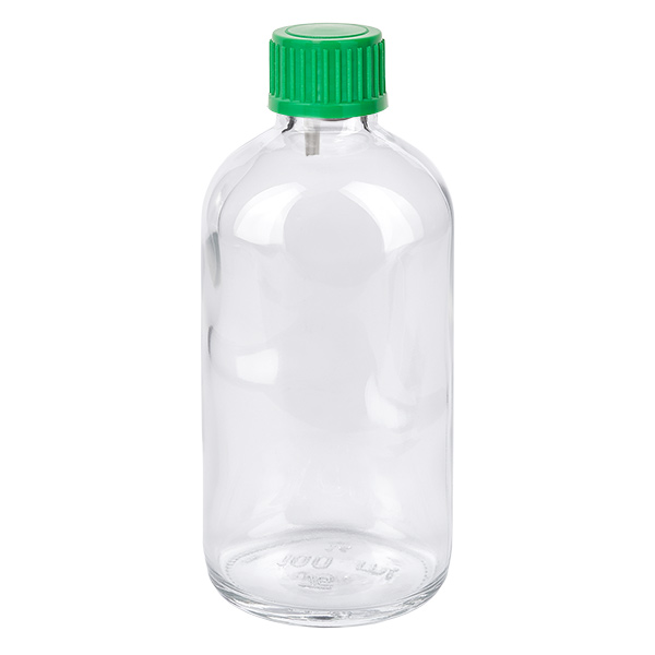 100ml Tropfflasche 0.8mm grün Standardverschluss ClearLine UT18/100 Zylindrische Klarglas Tropfflasche 100ml grün UT18 für pharmazeutische Anwendungen
