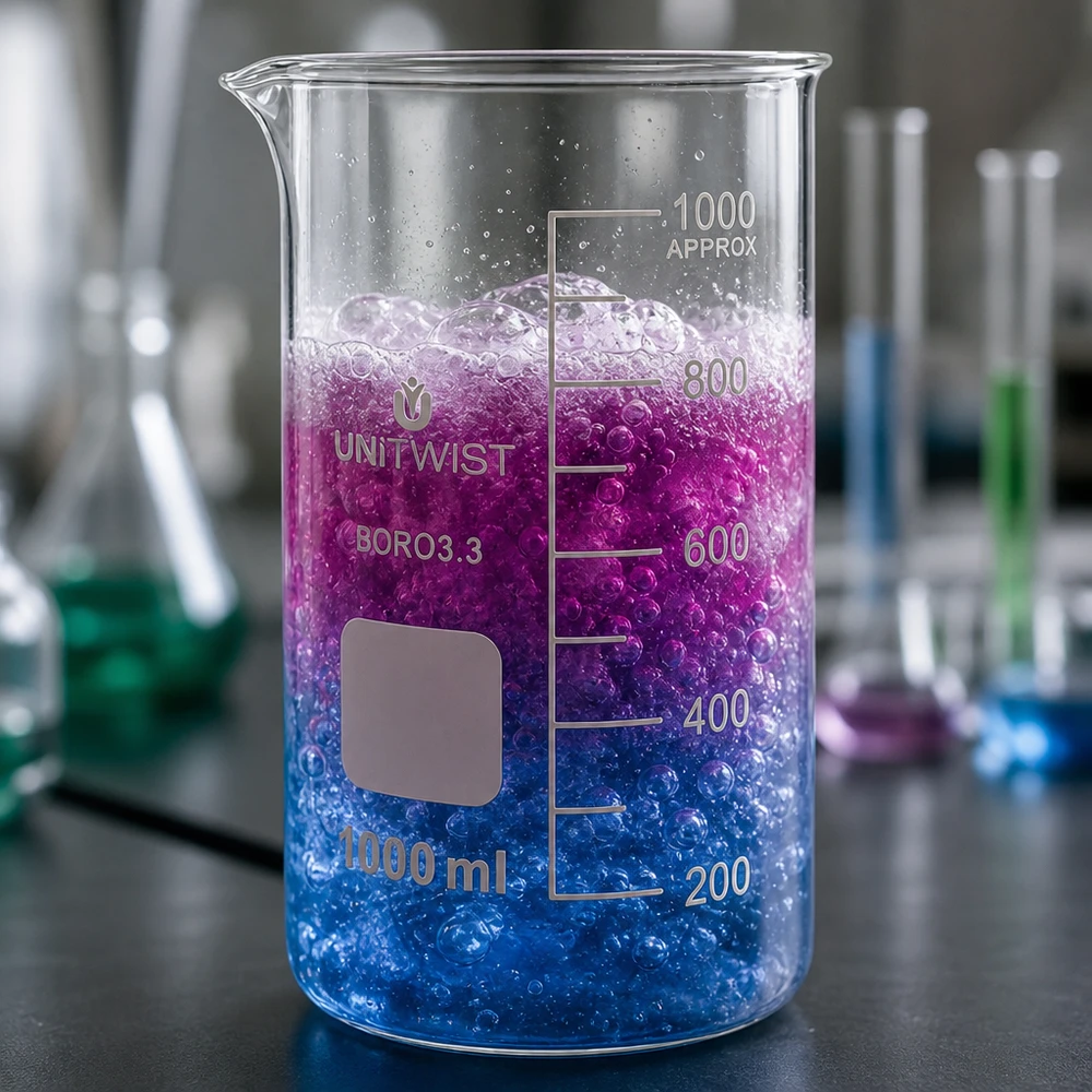 Becherglas 1000ml Borosilikat, hohe Form UNiTWIST UNITWIST Becherglas hohe Form 1000ml Borosilikat mit farbiger schäumender Chemikalie gefüllt
