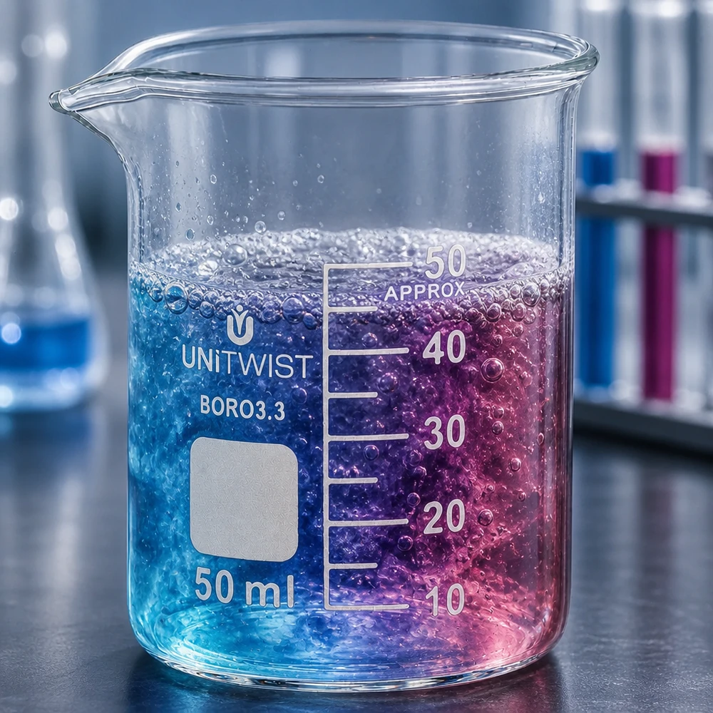Becherglas 50ml Borosilikat, niedrige Form UNiTWIST Laborbecherglas 50ml UNiTWIST mit zweifarbiger Flüssigkeit blau violett und Reagenzgläsern im Hintergrund