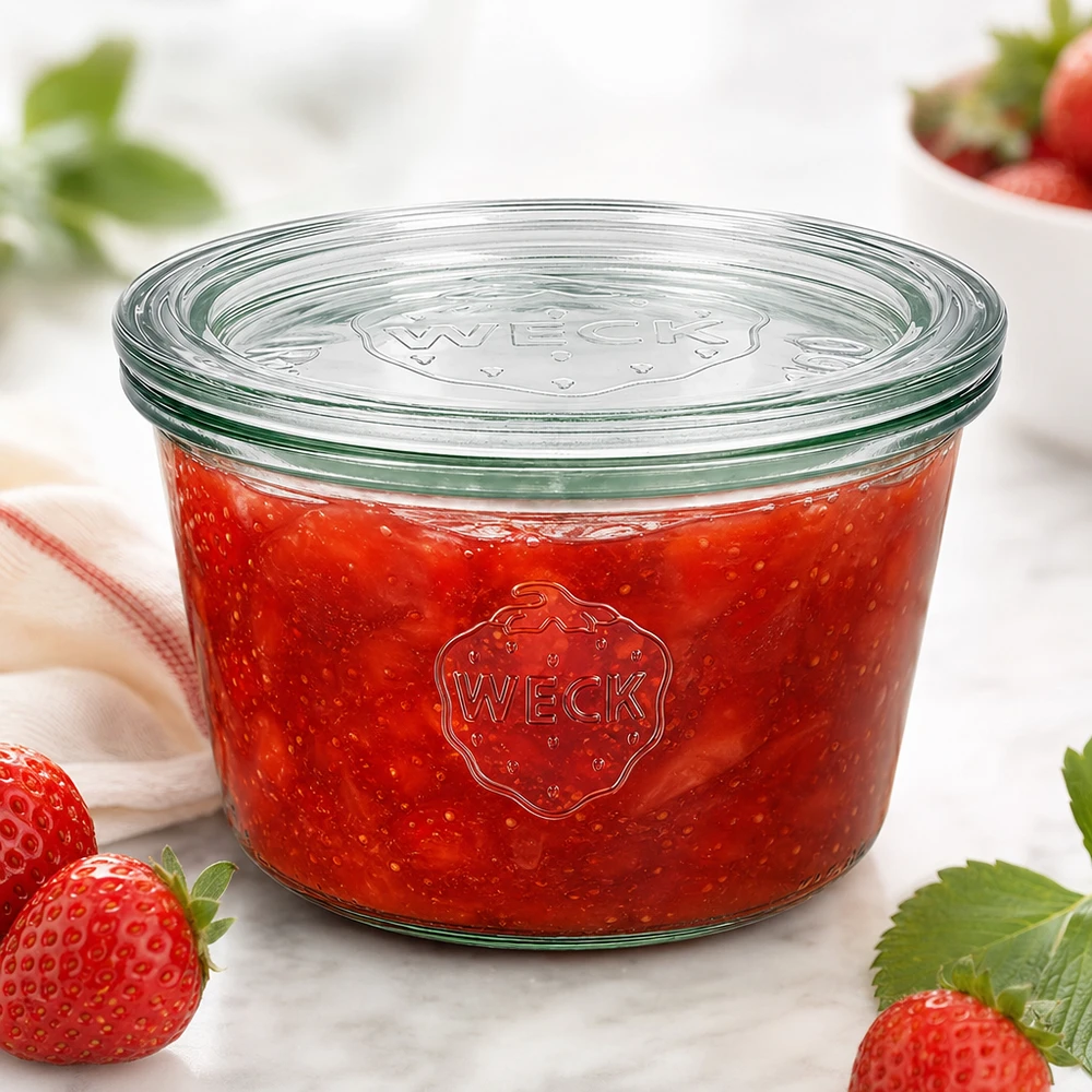 370ml Sturzglas mit Glasdeckel WECK RR100 WECK Sturzglas 370ml RR100 gefüllt mit roter Erdbeermarmelade umgeben von frischen Erdbeeren auf weißer Oberfläche