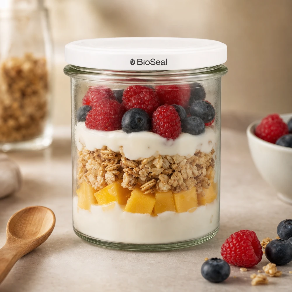 350ml Sturzglas mit BioSeal Deckel weiß UNiTWIST UNiTWIST Sturz350 als stylisches Dessertglas mit Beeren Granola und Joghurt zeigt moderne Küchenästhetik TO82 BioSeal