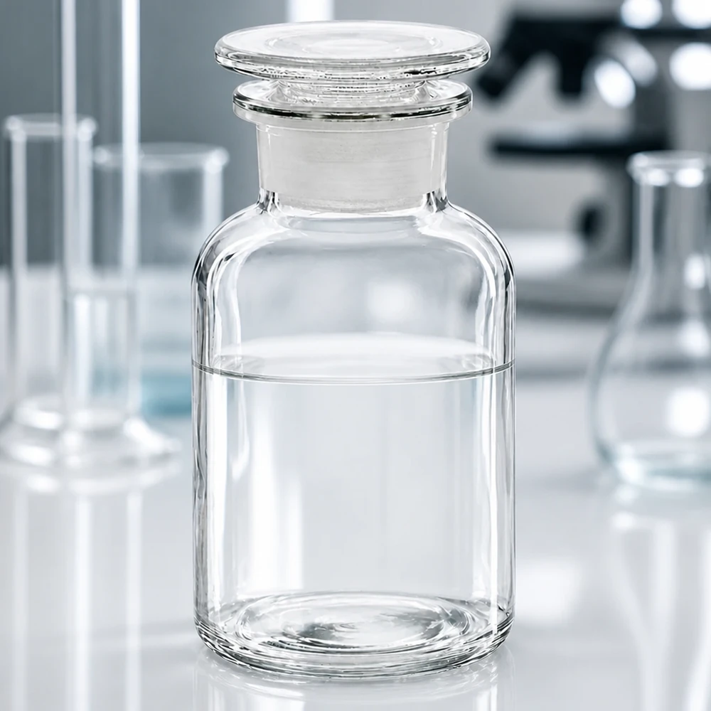 Pharmazeutische Glasflasche 250ml Weithals klar mit Glasstopfen zwischen Laborgeräten