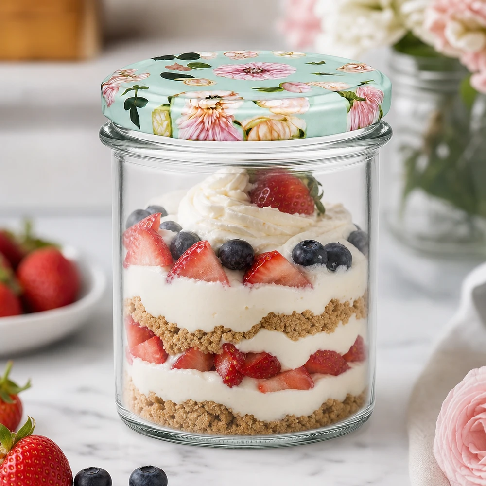 350ml Sturzglas mit mint Blumendeckel als Dessertglas für Schichtdessert mit Beeren und Sahne verwendet