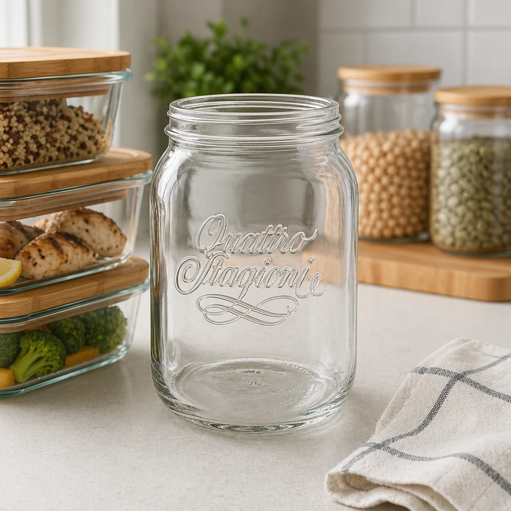 2000ml Rundglas "Quattro Stagioni" QS110mm 2000ml Quattro Stagioni Haushaltsglas mit Schriftzug in moderner Küche zwischen Vorratsgläsern und Küchenorganisation