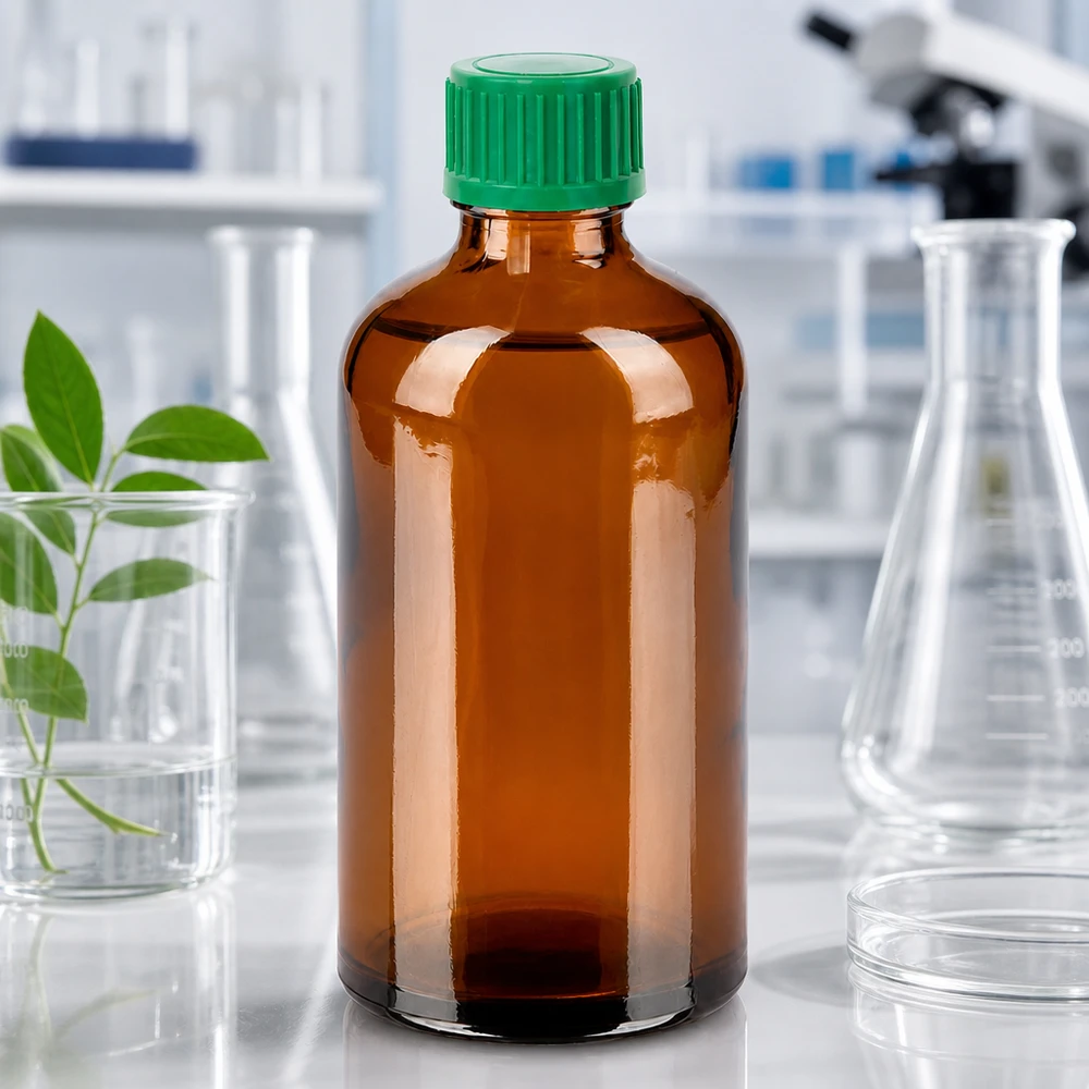 Robuste 100ml Glasflasche in Braun mit grünem Verschluss für langfristige Lagerung