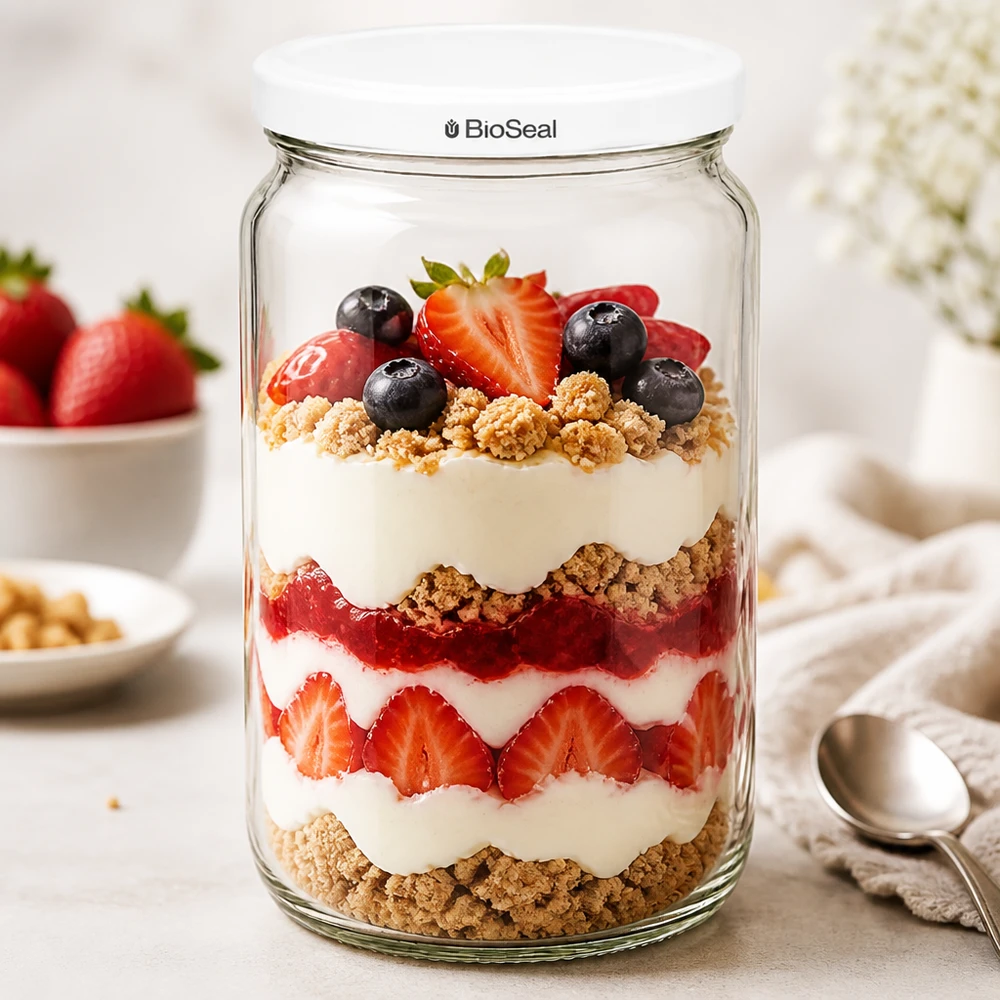 795ml Rundglas mit BioSeal Deckel weiß UNiTWIST UNiTWIST Runda795 Dessertglas mit geschichtetem Joghurt-Beeren-Parfait - vielseitig für süße Kreationen und Desserts