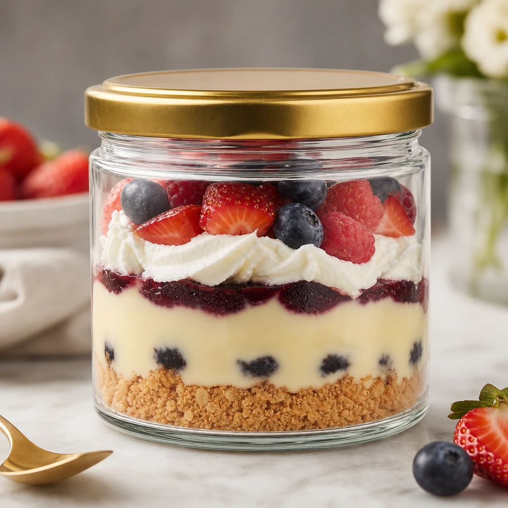 540ml Rundglas mit BasicSeal Deckel gold UNiTWIST 540ml Rundglas mit BasicSeal Deckel gold als Dessertglas mit Schichtnachtisch Beeren und Sahne gefüllt