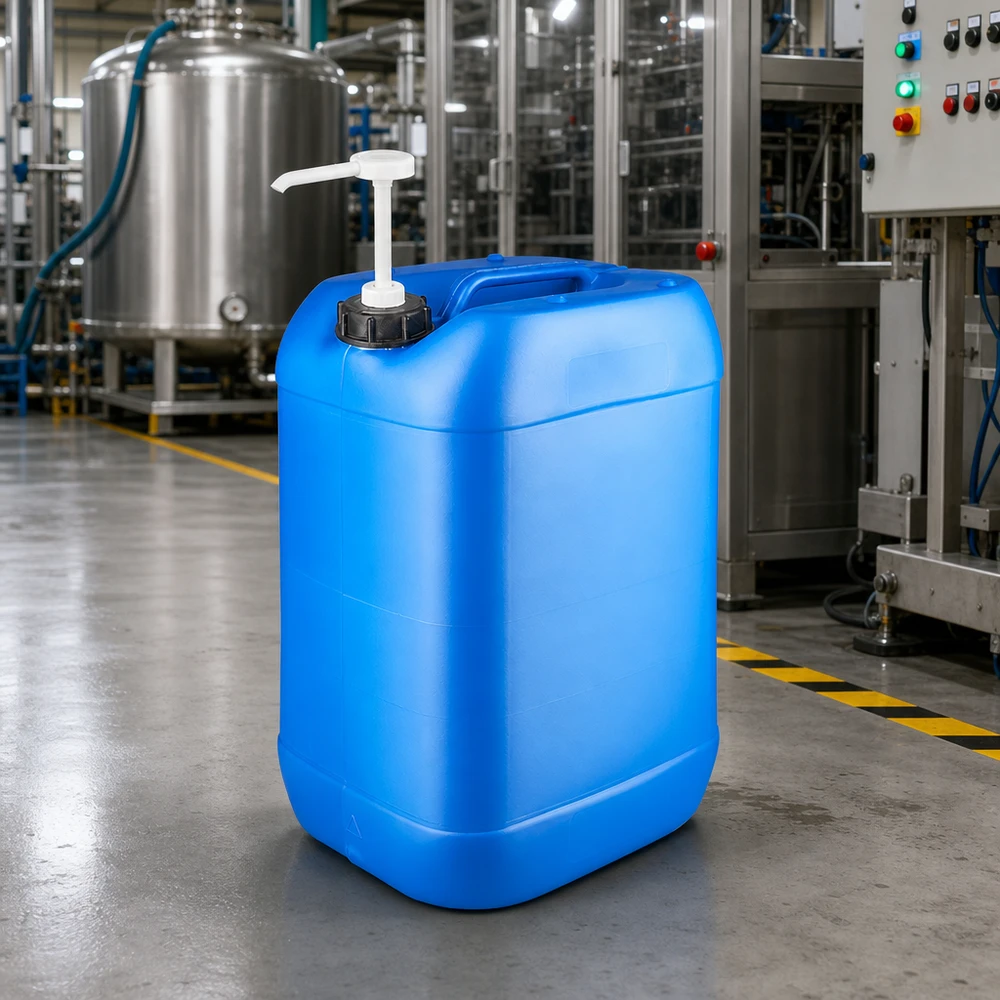 Blauer 25 Liter Industriekanister mit Schraubpumpe zur dosierten Flüssigkeitsentnahme