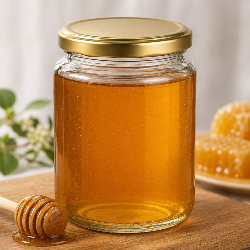 450g Honigglas mit goldenem Deckel BasicSeal UNiTWIST 450g BasicSeal Honigglas mit goldenem Deckel gefüllt mit flüssigem Honig Holzhoniglöffel Wabe Imkerei Naturprodukt