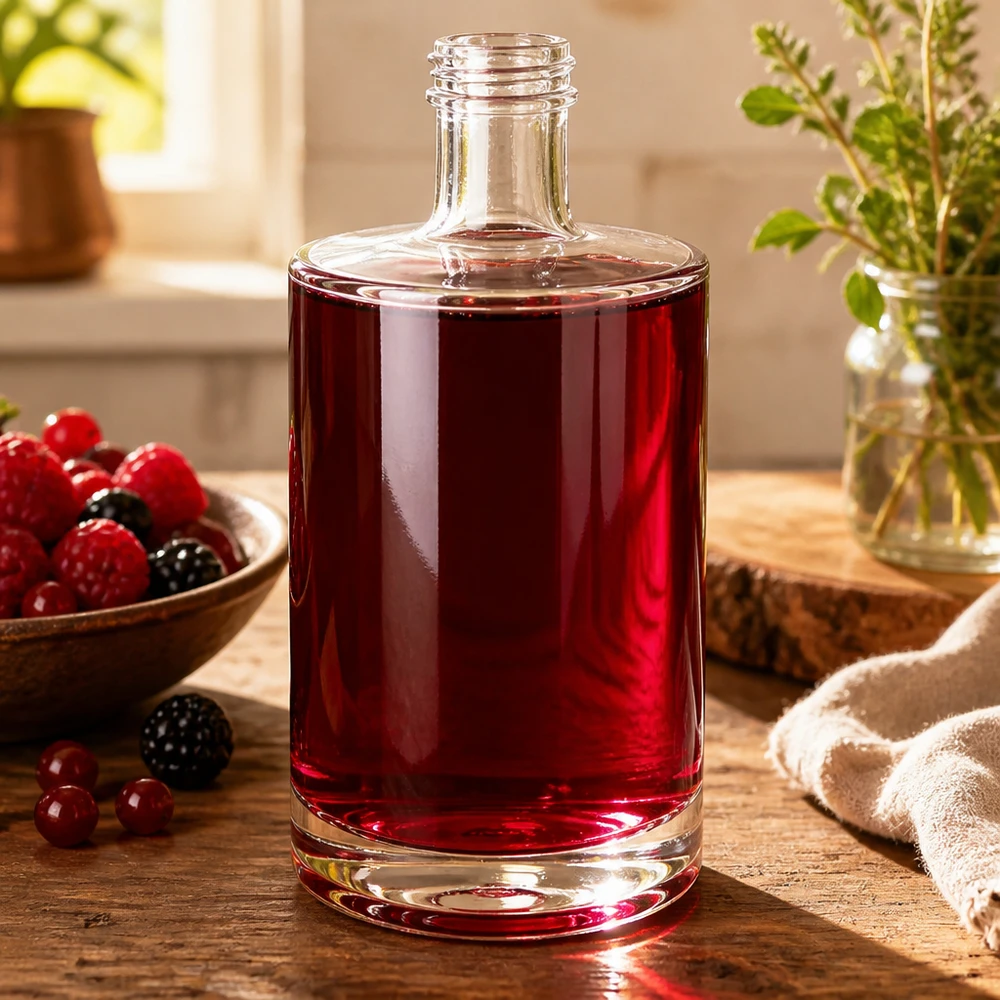 500ml Glasflasche Sam mit rotem Beerensaft befüllt Dekoration Holztisch Beeren Kräuter natürliches Ambiente