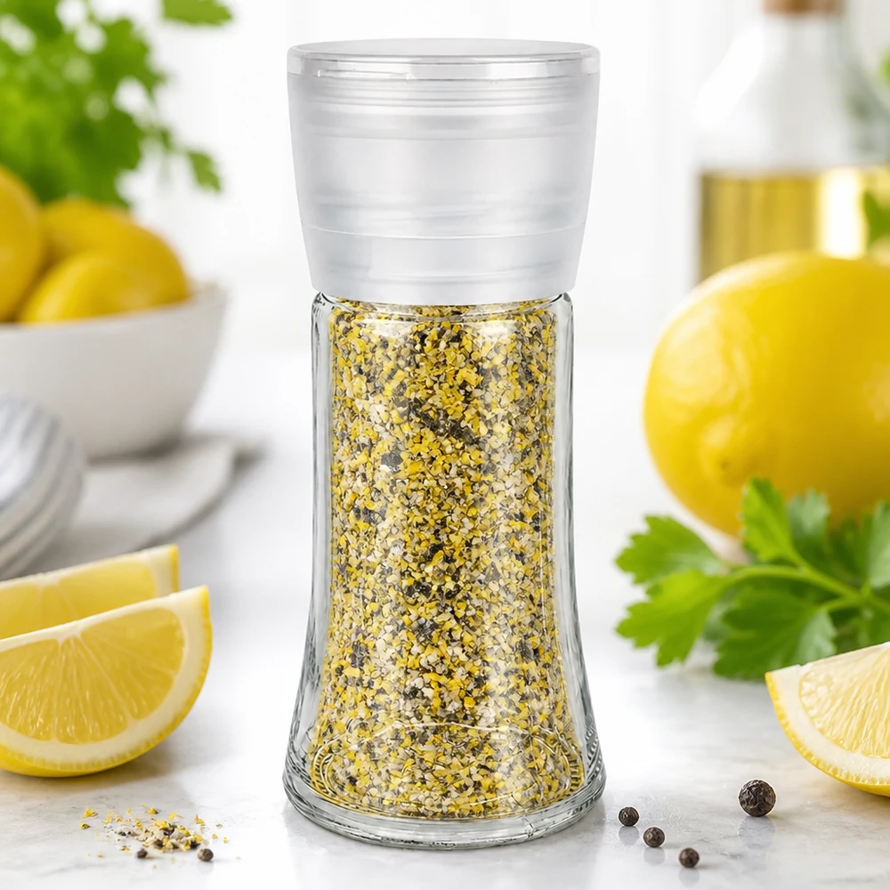 Bauchige Glasgewürzmühle 95ml Vario mit aromatischer Zitronenpfeffer-Salzmischung befüllt