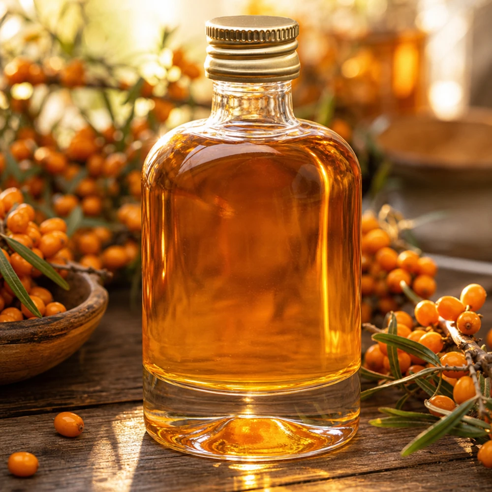 40ml Glasflasche Sara mit Sanddornöl gefüllt - goldener UNiTWIST Verschluss zwischen frischen Sanddornbeeren