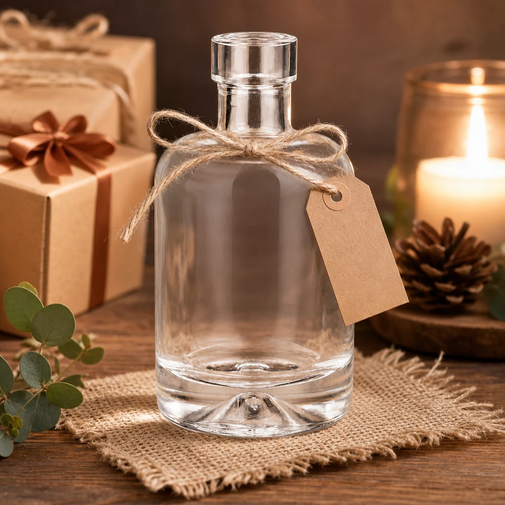 50ml Glasflasche "Attila" ohne Verschluss UNiTWIST® 50ml Glasflasche Amelie leer mit Geschenkdekoration und Kerze zeigt edle Präsentation als Geschenkverpackung