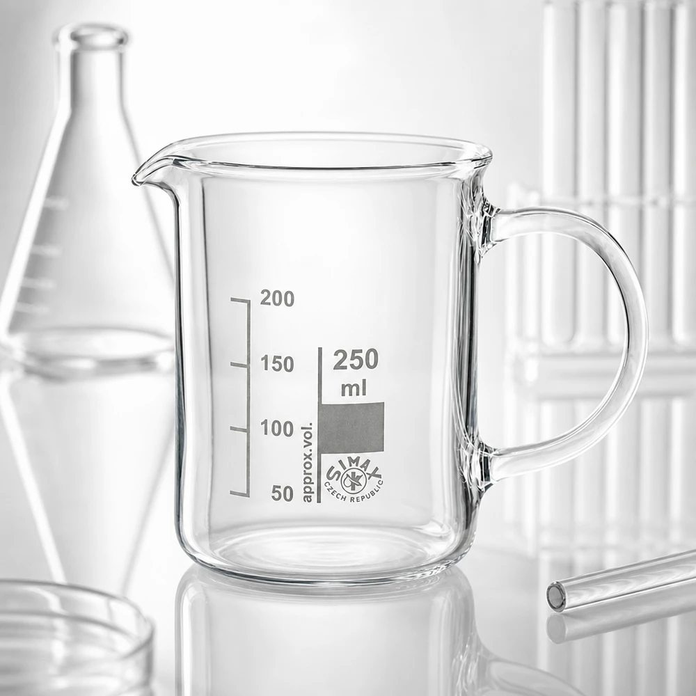 Becherglas 250ml Borosilikatglas, mit Henkel Leeres Becherglas 250ml mit Henkel aus klarem Borosilikatglas umgeben von Laborgeräten
