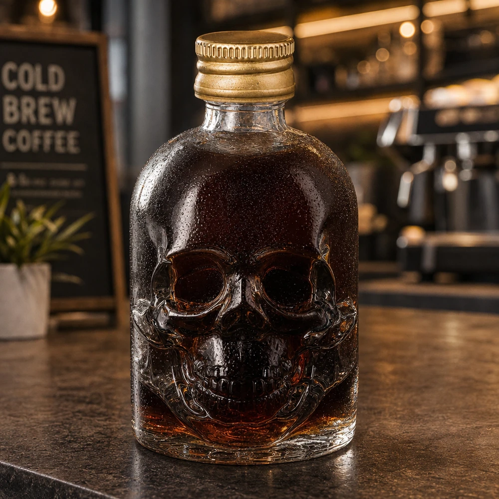50ml Glasflasche "Hector" + Schraubverschluss gold UNiTWIST Kompakte 50ml Glasflasche Hector mit erhöhtem Totenkopf-Design für individuelle Abfüllung