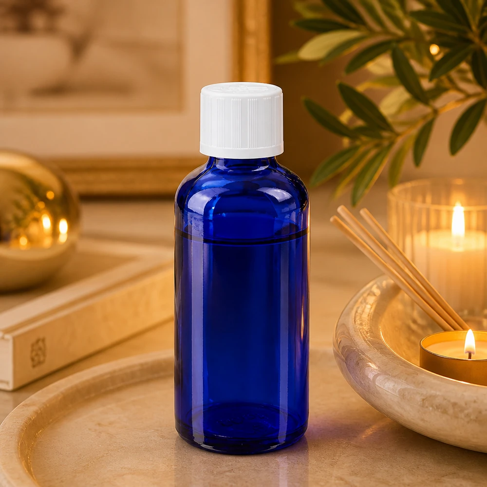 Apothekenflasche blau 50ml Schraubverschluss weiß Kindersicherung Standard Dunkelblaue 50ml Apoflasche mit weißem Standardverschluss auf Marmor mit goldenen Accessoires